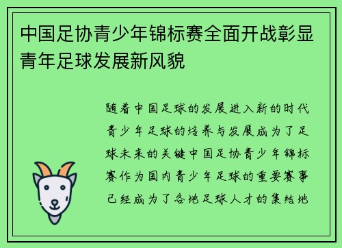 中国足协青少年锦标赛全面开战彰显青年足球发展新风貌